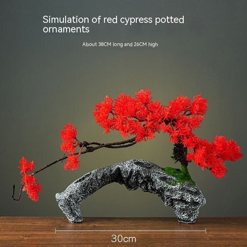Green Plant Artificial Greeting Pine Rockery Bonsai Sprinkler Shop Living Room Entrance Home Office Decorations Landscape Simulation Red Cypress Pot