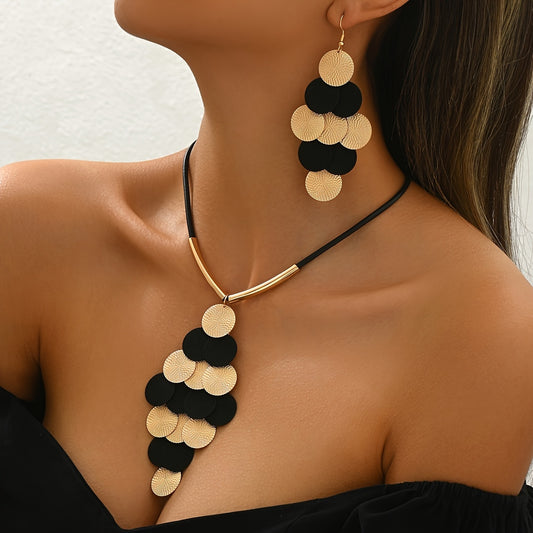 Lxalry 14K Gold Black Gothic Jewelry Set Handmade Iron Leather Necklace Earrings Duo Bold Oversized Pendant Gift For Everyday Edge Evening Glamour L06