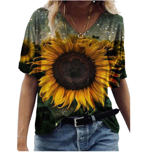 Butterfly Print Short Sleeve V-neck Ladies Loose A1