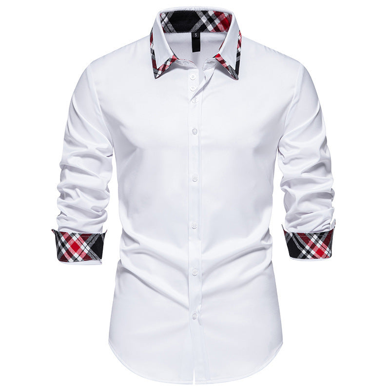 Men's Plaid Contrast Color Triangle Collar Long Sleeve Shirt White