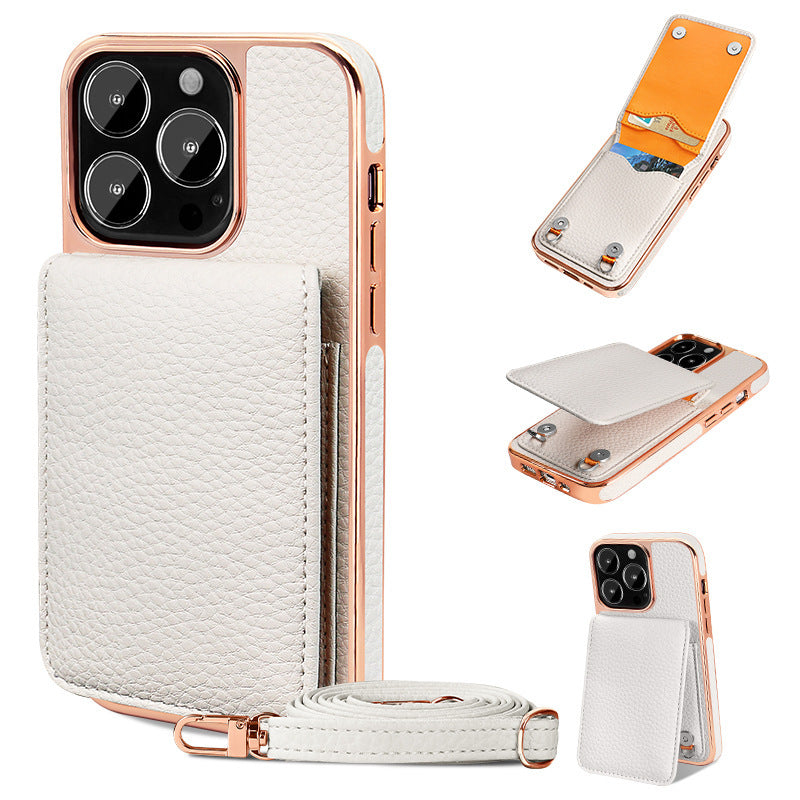 Litchi Pattern Wallet Lanyard Phone Case For 14 White