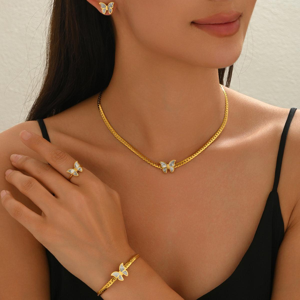 Lxalry 18K Gold Plated Butterfly Jewelry Set With Mirror Polish Hypoallergenic Skin Safe 4PCS Necklace Earrings Bracelet Ring For Women, Never Fade Luxury Gift For Her