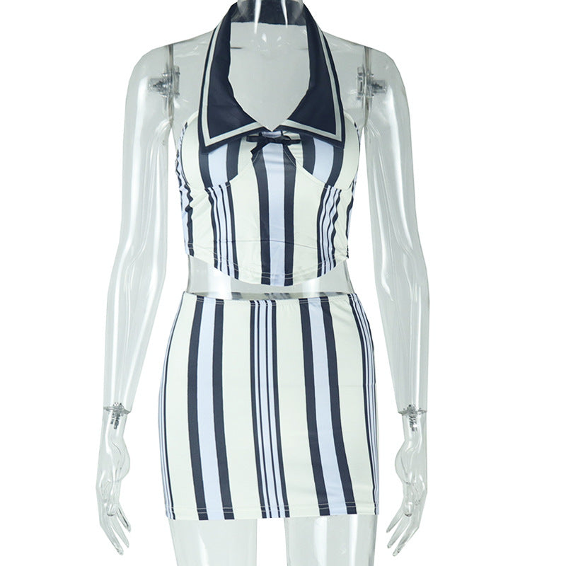 Sleeveless halter striped figure-hugging skirt set Black and white L