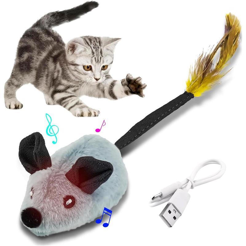Interactive Cat Toys Mouse With LED Lights ForIndoor Cats USB Rechargeable Cat Mouse Toysfor Cats, Moving Automatic Chirping Squeakywith Feather Tail For All Breeds Cat Catnip Toys Forinteractive Toys Grey