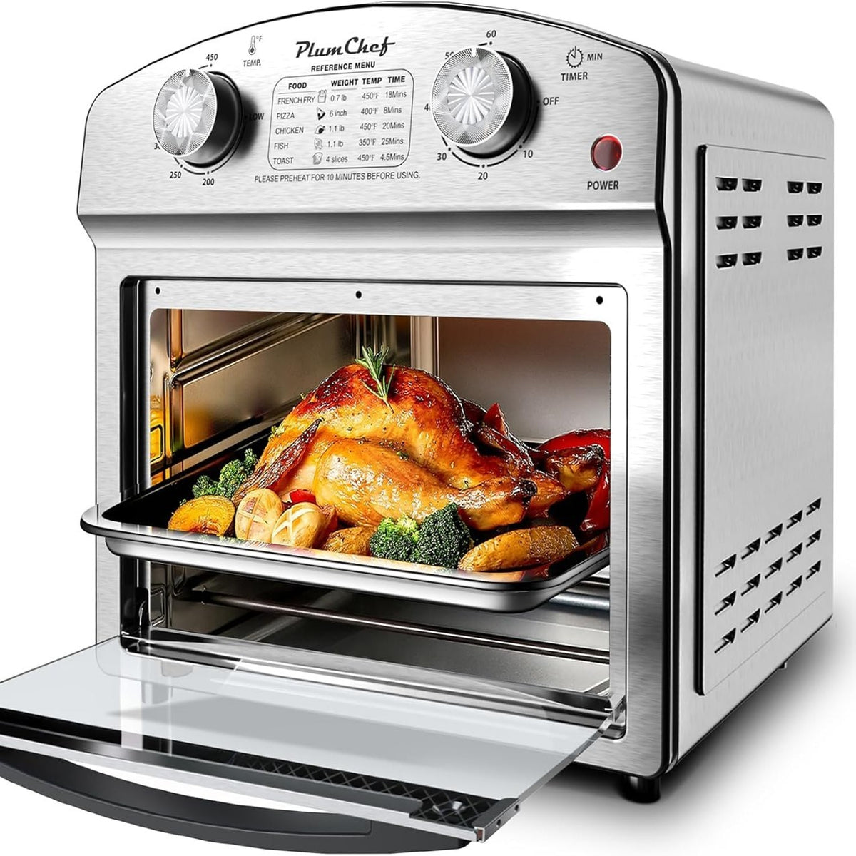 Stainless Steel 12.5 Qt Air Fryer, Dual Knob Control, 60-Min Timer, Presets For French Fries, Pizza, Chicken, Fish, And Toast Sleek Design, Healthy Cookie