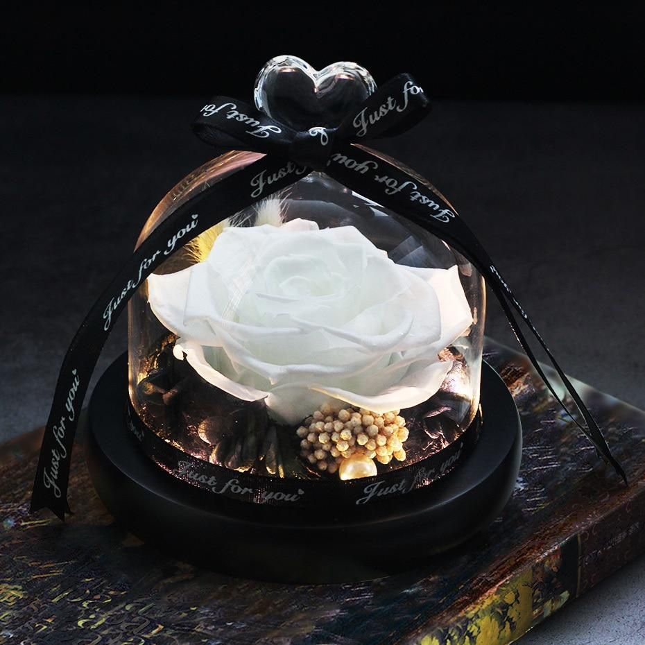 Valentine's Day Christmas Dried Flowers For Home Decor Wedding Gifts Dried Flowers Eternal Real Rose Home Decor With LED In Glass Pure white