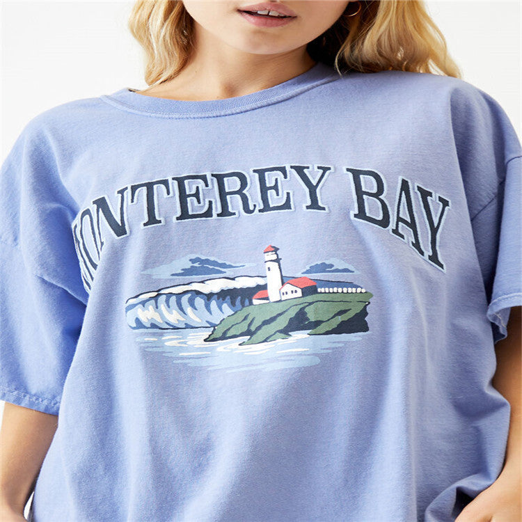 Ladies Short Sleeve Round Neck Pullover Loose Print T Shirt Blue