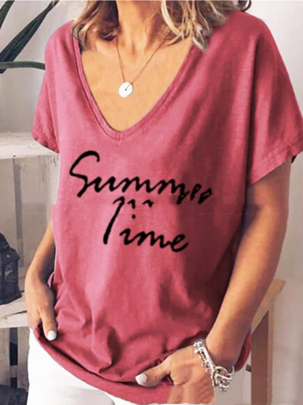 Ladies Fashion Short Sleeve V-Neck Letter Print Top T Shirt Pink
