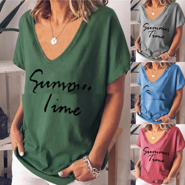 Ladies Fashion Short Sleeve V-Neck Letter Print Top T Shirt