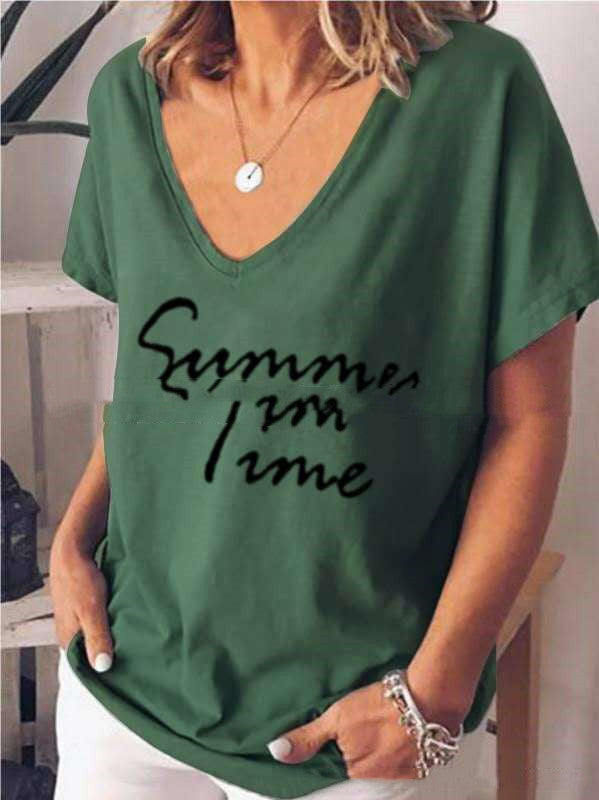 Ladies Fashion Short Sleeve V-Neck Letter Print Top T Shirt Green