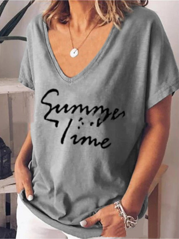 Ladies Fashion Short Sleeve V-Neck Letter Print Top T Shirt Grey