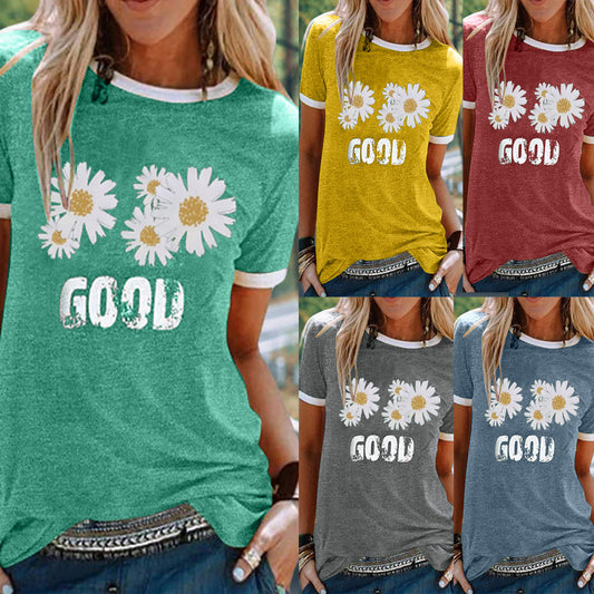 Ladies Short Sleeve Round Neck GOOD Daisy Print Top T-Shirt