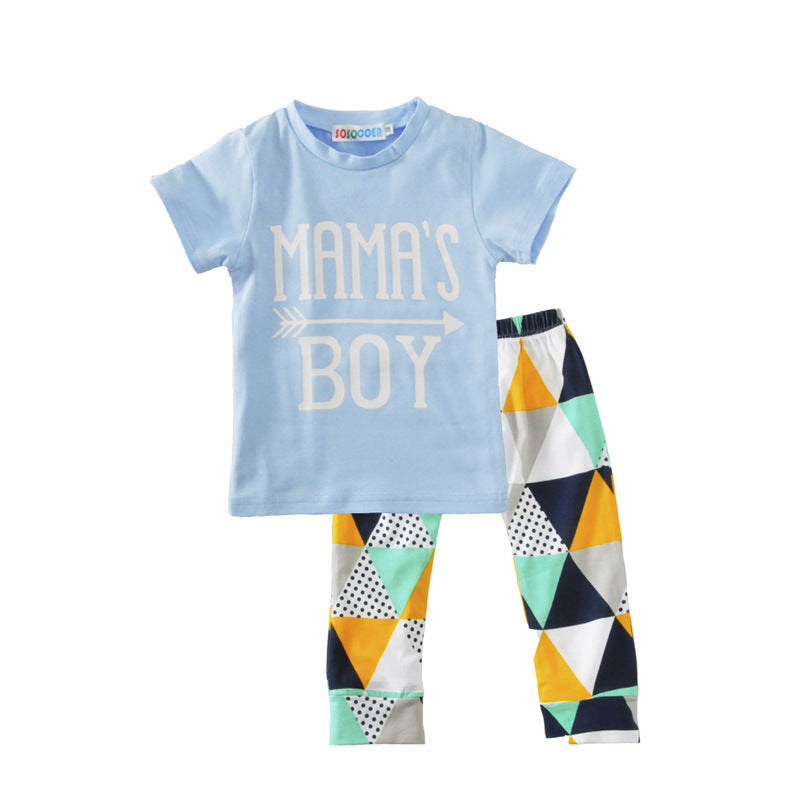 Children's Clothing Boy Suit Short-Sleeved T-Shirt Blue Letter Arrow Geometric Pants Baby Two-Piece Suit Blue