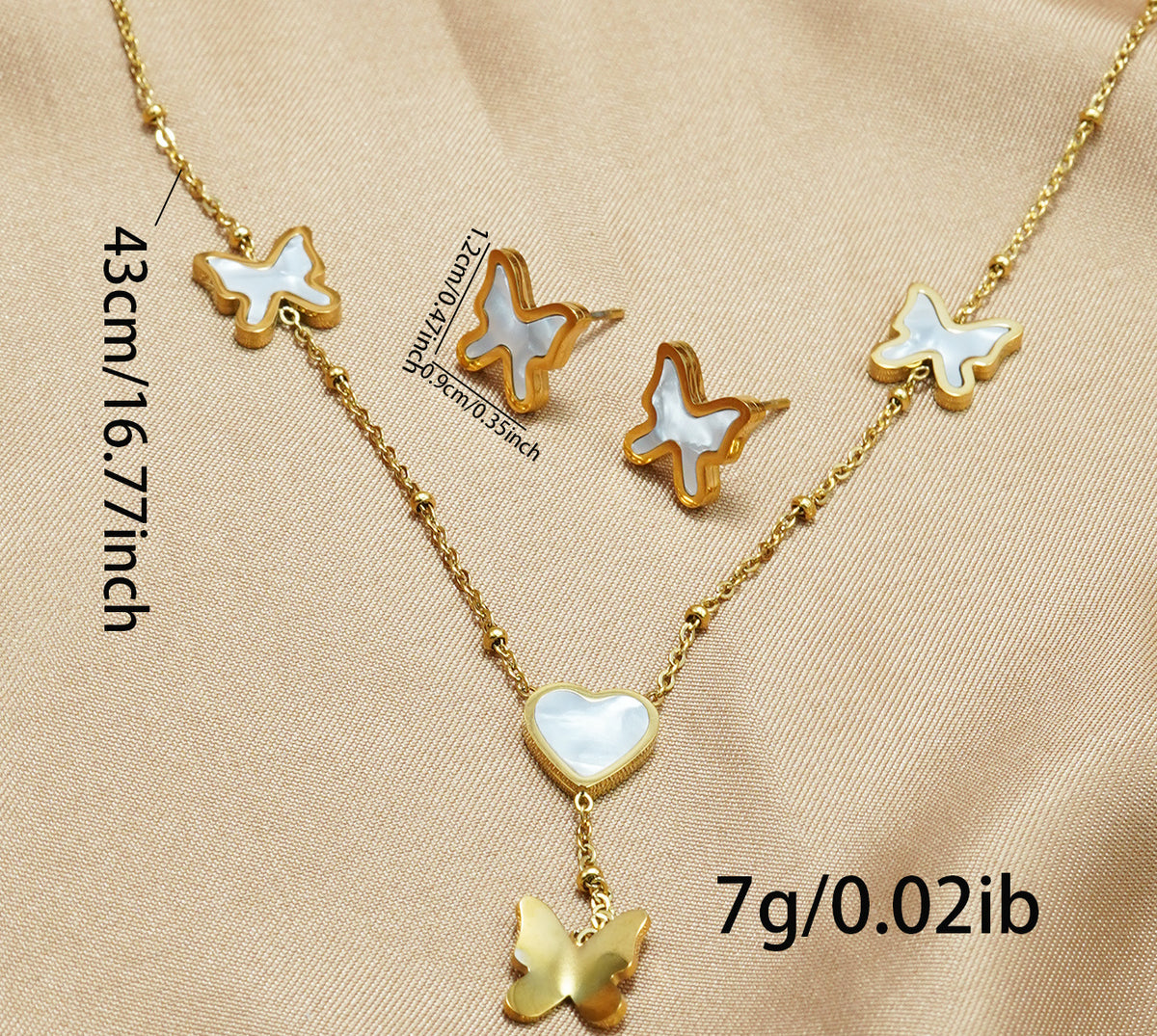 Lxalry 18K Gold Plated Stainless Steel Butterfly Jewelry Set Hypoallergenic Tarnish Free Mirror Necklace Earrings Symmetrical Wing Design With Heart Clasp, Skin Safe Luxury Gift For Her Golden Ho