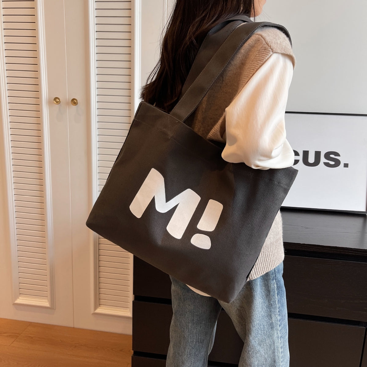 Letter Printed Shouder Bags Canvas Totes Bags For Women Shopper Girls Handbags Eco Environmental Large Capacity Shopping Bags Black Tea
