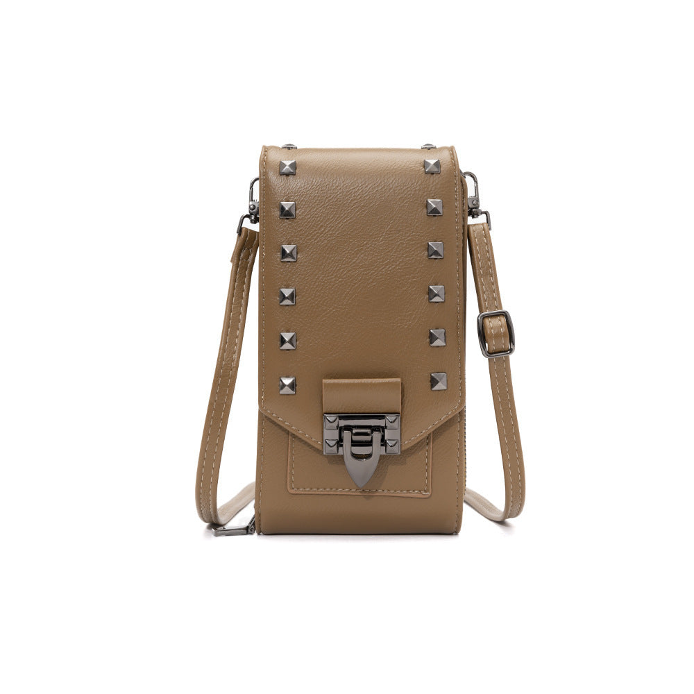 Rivet Design Shoulder Bags Mobile Phone Handbag Solid Color Crossbody Bags Women Tea brown