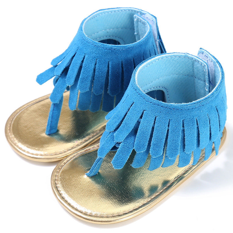 Children's sandals summer new girls sandals wholesale retro tassel flannel baby sandals Blue
