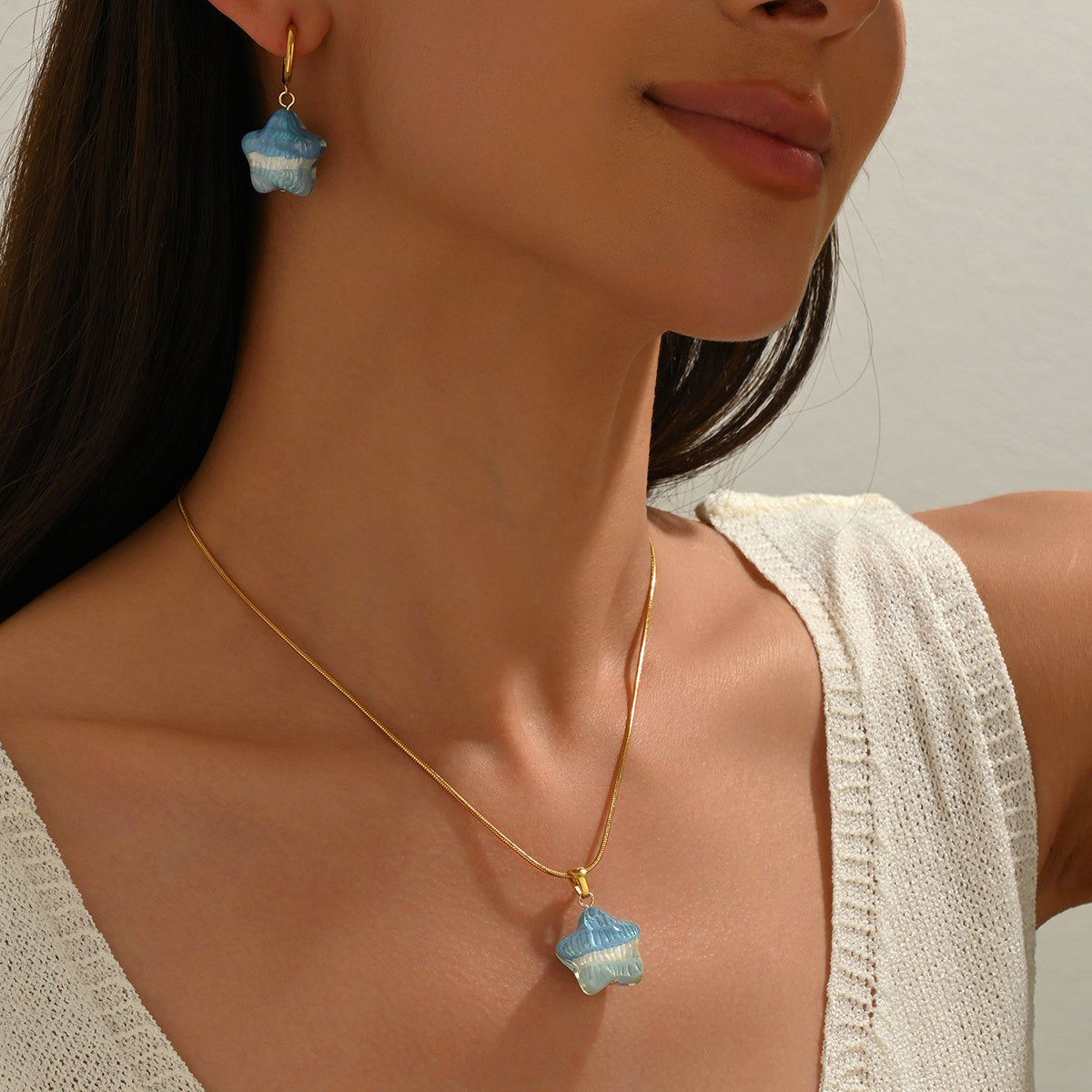 Lxalry 316L Stainless Steel 18K Gold-Plated Jewelry Set Iridescent Blue White Gradient 3D Glass Star Pendant Hypoallergenic Tarnish Free Earrings Necklace Beach Party Daily Wear Ocean Inspired