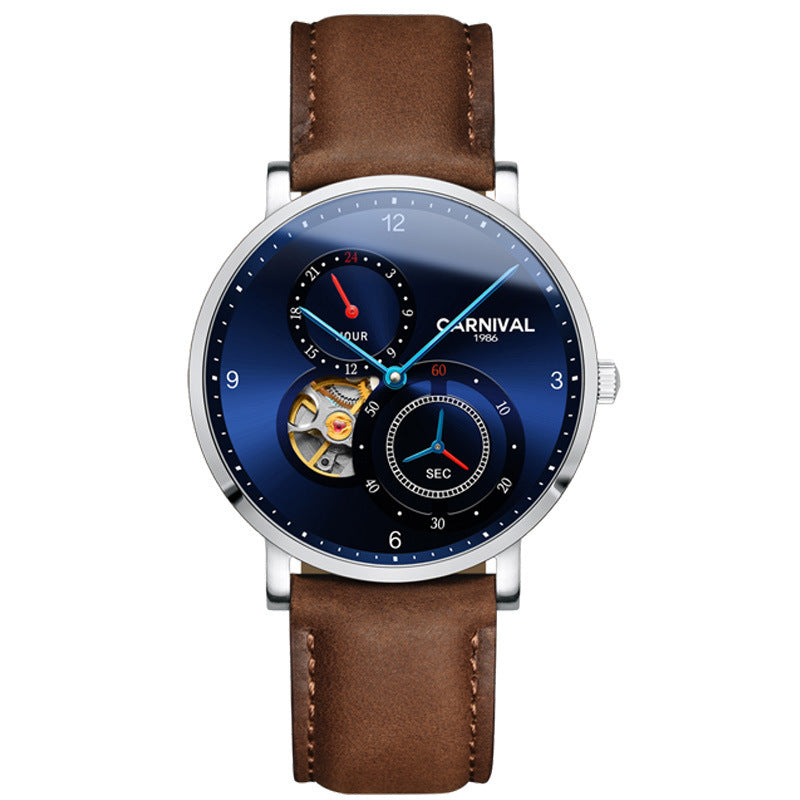 Automatic mechanical watch hollow men's watch Brown leather belt
