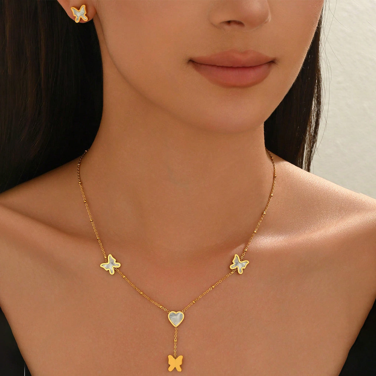Lxalry 18K Gold Plated Stainless Steel Butterfly Jewelry Set Hypoallergenic Tarnish Free Mirror Necklace Earrings Symmetrical Wing Design With Heart Clasp, Skin Safe Luxury Gift For Her Golden Ho HWCSHD34