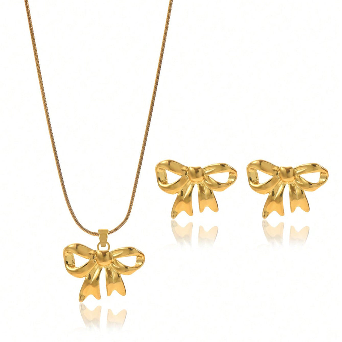 Lxalry 18K Gold Plated Bow Mirror Jewelry Set Hypoallergenic Skin Safe Necklace Earrings For Weddings Gifting, Never Fade Adjustable Luxury With Precision-Cast Ribbon HWCSHD27