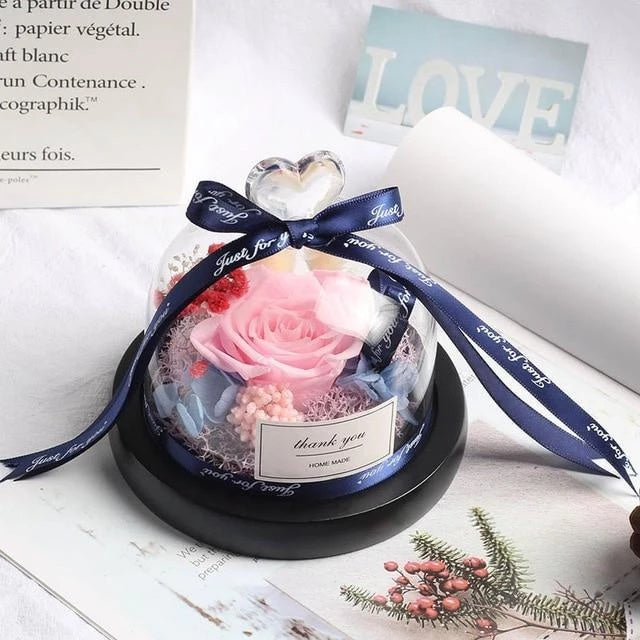 Valentine's Day Christmas Dried Flowers For Home Decor Wedding Gifts Dried Flowers Eternal Real Rose Home Decor With LED In Glass Light Pink