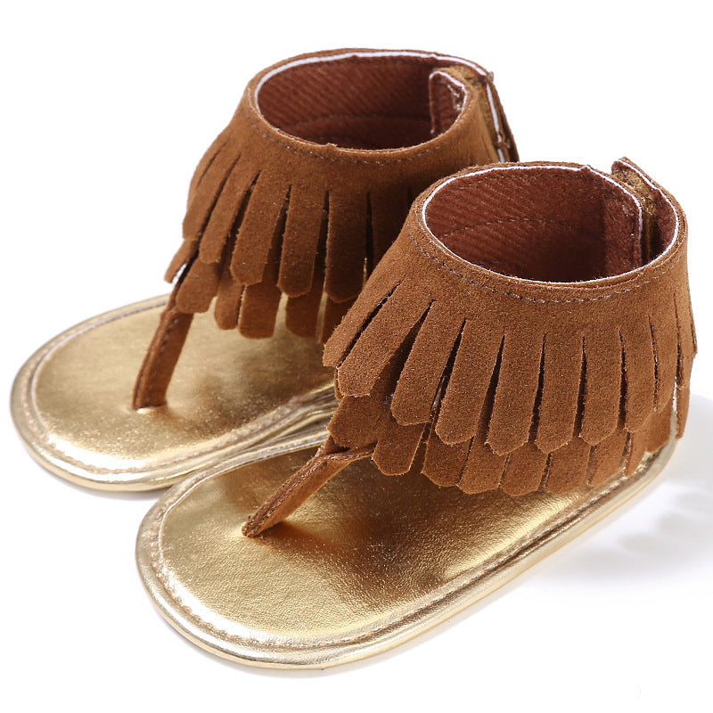 Children's sandals summer new girls sandals wholesale retro tassel flannel baby sandals Brown