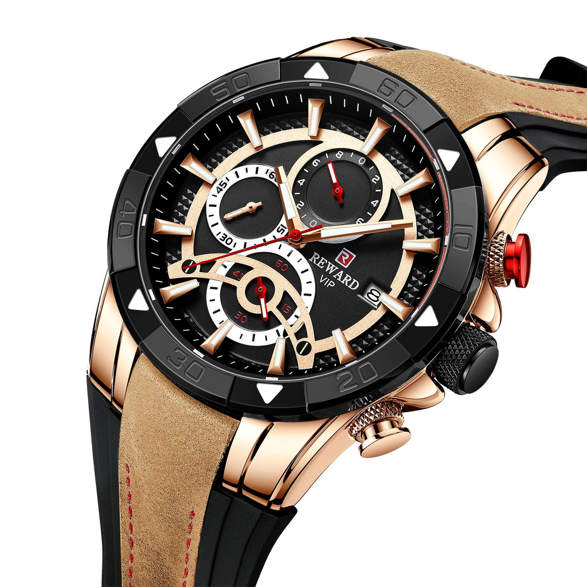 Men's Watch Calendar Watch Tape Quartz Watch Six-pin Watch Business Men's Watch Rose shell black