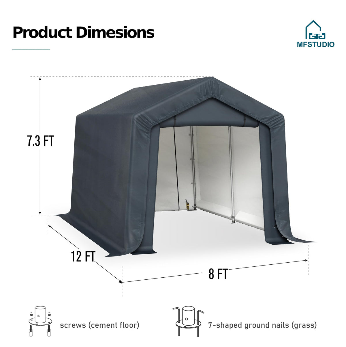 MFSTUDIO Outdoor Storage Sheds 8x12 ft, Portable Carport Shelter Garages Heavy Duty Canopy with Rolled up Zipper Doors,Outside Utility Shed Garage Tent for Motorcycle, Bicycles,Lawn mowers and Tools