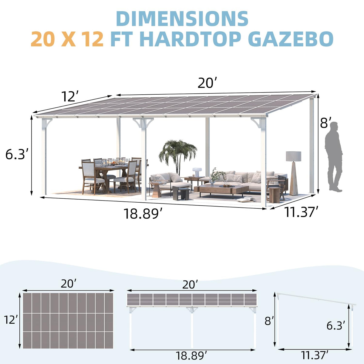 AECOJOY 20' x 12' Gazebo in White, Large Wall Mounted Gazebos on Clearance, Outdoor Patio Lean to Gazebo Metal Awnings for Decks,Patio, Porch, Backyard and More