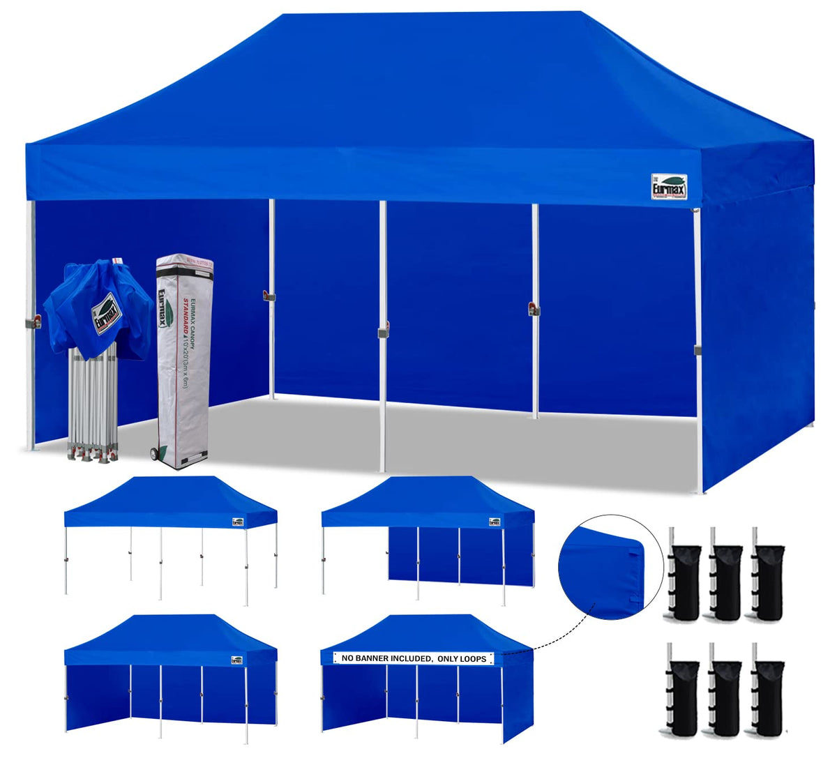 Eurmax USA 10'x20' Pop-up Canopy Tent Commercial Instant Canopies with 4 Removable Zipper End Side Walls and Roller Bag, Bonus 6 SandBags(Blue)