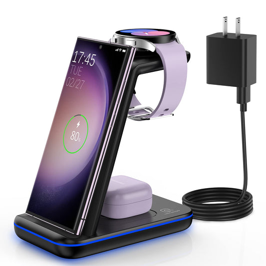 Wireless Charging Station for Samsung/Android, Fast Wireless Watch Charger Station Compatible for Samsung Galaxy S25 Ultra/S24/S23+/Z Flip 6/5 Fold 6/5, Watch7/6/Pro/Active 2 Galaxy Buds3/2 Pro(Black)