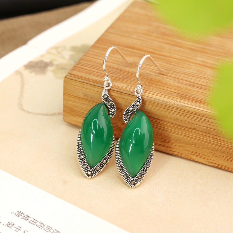 Women's S925 Thai Silver Chalcedony Agate Earrings Green Agate Style 925 Silver