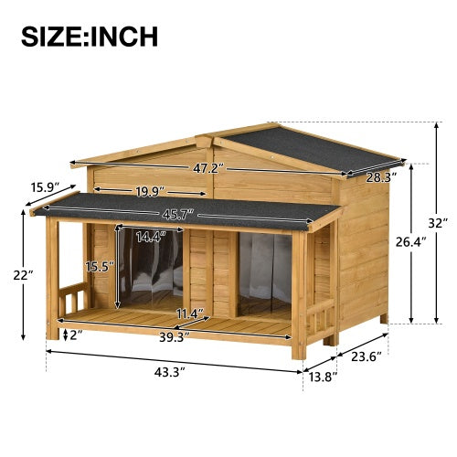 Large Wooden Dog House Outdoor Hut Style With Porch, 2 Doors Solid wood dog house