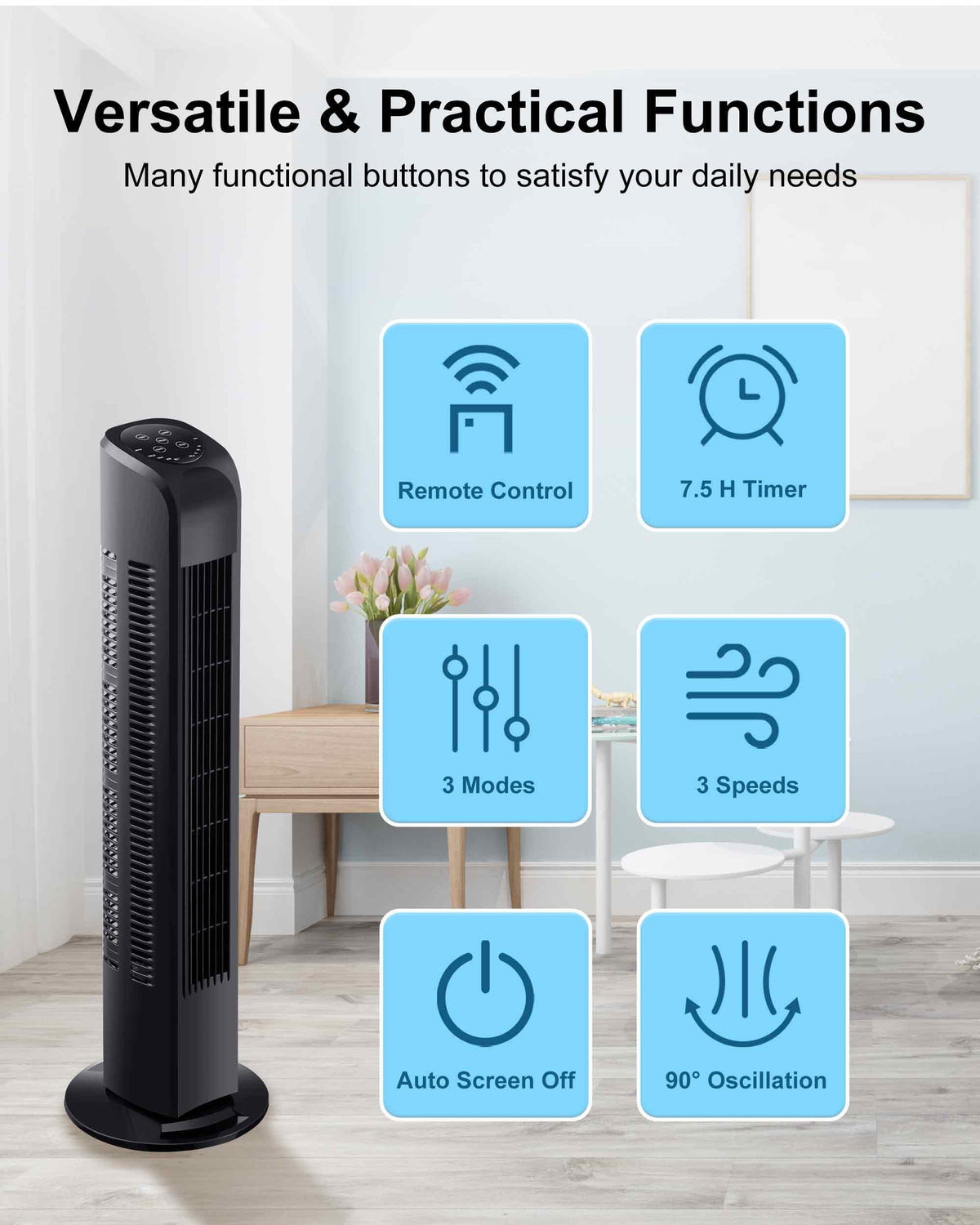 Uthfy Oscillating Tower Fan with Remote, Electric Standing Tower Fan Floor Fan for Bedroom Indoor Office and Home Use,Quiet Cooling Portable Bladeless Tower Fans, 30 inchs, Black Tower Fan