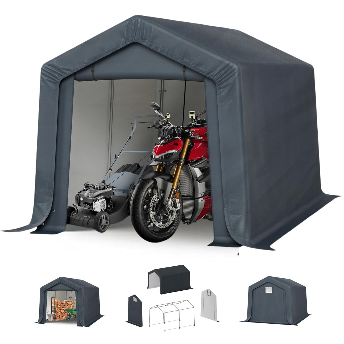 MFSTUDIO Outdoor Storage Sheds 8x12 ft, Portable Carport Shelter Garages Heavy Duty Canopy with Rolled up Zipper Doors,Outside Utility Shed Garage Tent for Motorcycle, Bicycles,Lawn mowers and Tools
