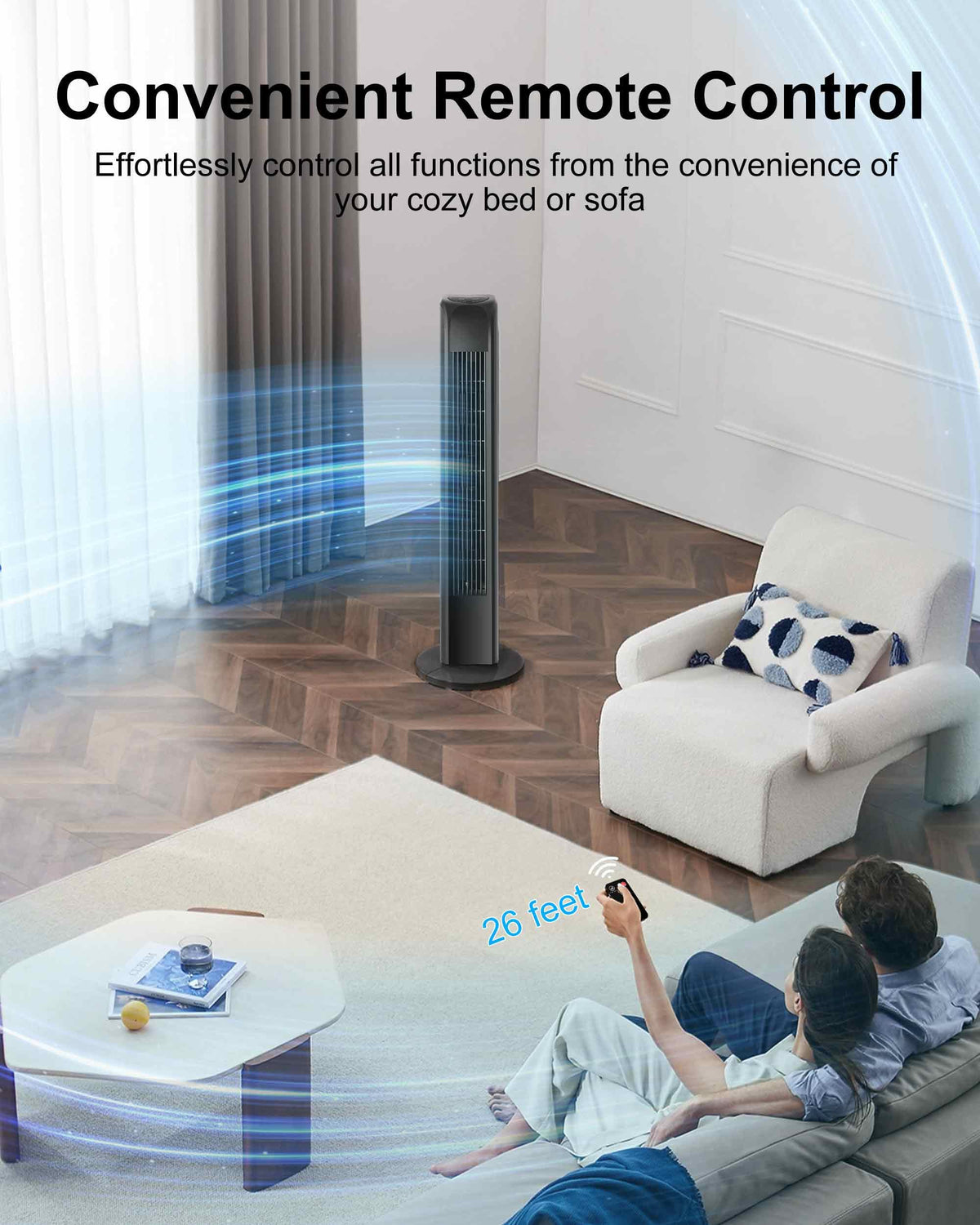 Uthfy Oscillating Tower Fan with Remote, Electric Standing Tower Fan Floor Fan for Bedroom Indoor Office and Home Use,Quiet Cooling Portable Bladeless Tower Fans, 30 inchs, Black Tower Fan