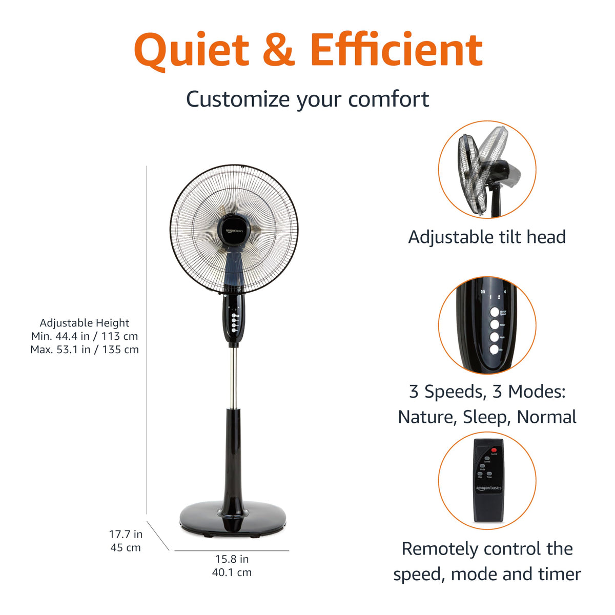 Amazon Basics 16" Pedestal Fan with Remote, Floor Fan, Standing Fan for Bedroom, Living Room, Office, with 3 Speeds, 3 Modes, Timer, Dual-Layered Blades, Adjustable Height, Tilt Head, 60W, Black