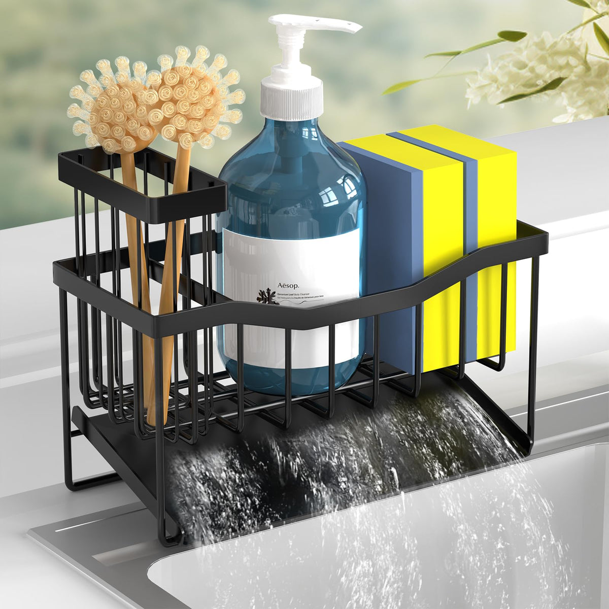 Fssvcd Maifan Sink Caddy Sponge Holder for Kitchen with Brush Holder and Stainless Steel Self Drain Tray, Rustproof Kitchen Sink Organizer for Sponge, Soap Dispenser Storage Accessories
