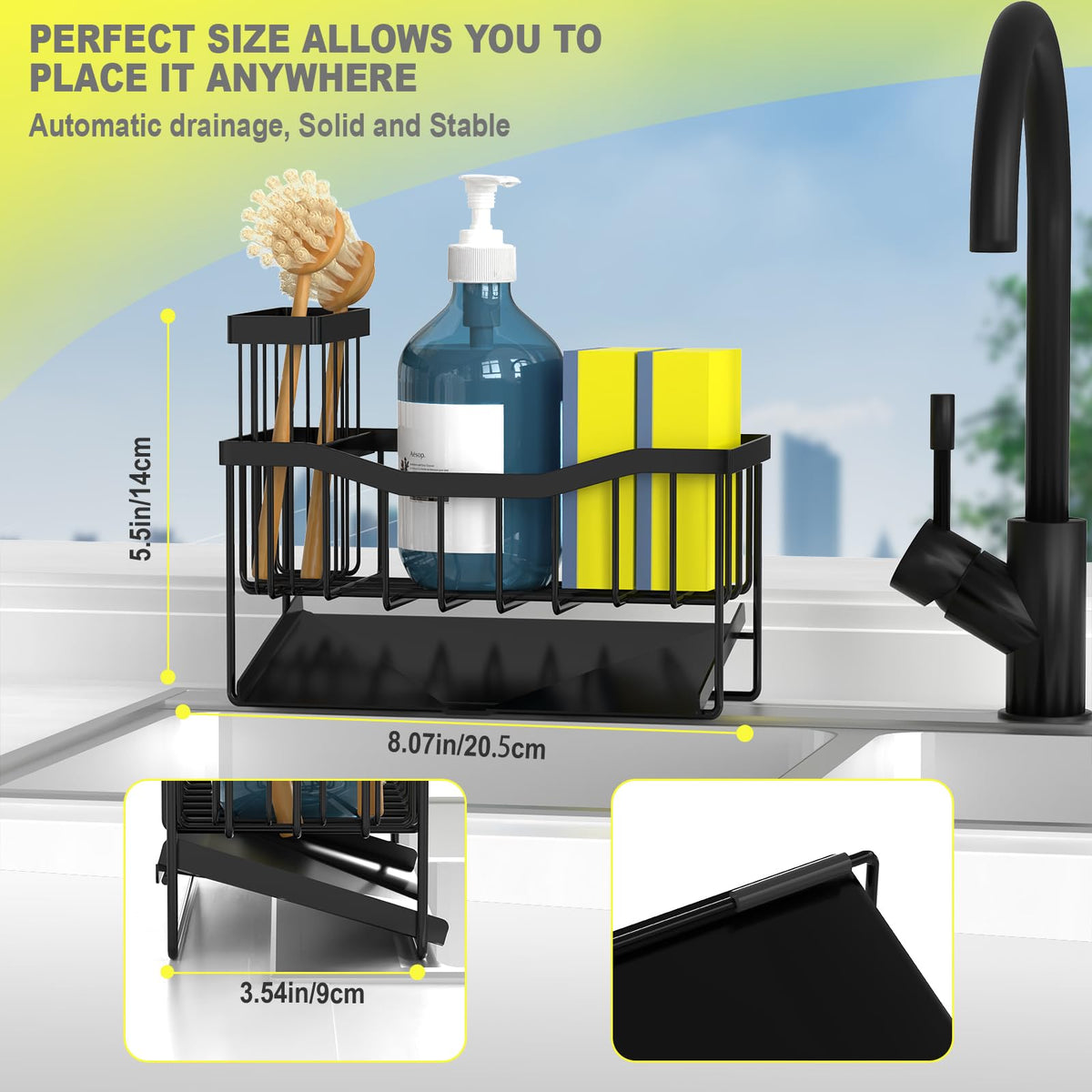 Fssvcd Maifan Sink Caddy Sponge Holder for Kitchen with Brush Holder and Stainless Steel Self Drain Tray, Rustproof Kitchen Sink Organizer for Sponge, Soap Dispenser Storage Accessories