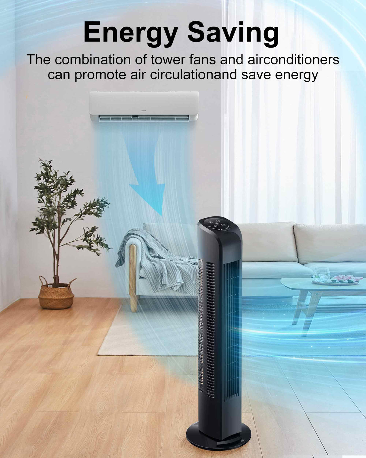Uthfy Oscillating Tower Fan with Remote, Electric Standing Tower Fan Floor Fan for Bedroom Indoor Office and Home Use,Quiet Cooling Portable Bladeless Tower Fans, 30 inchs, Black Tower Fan