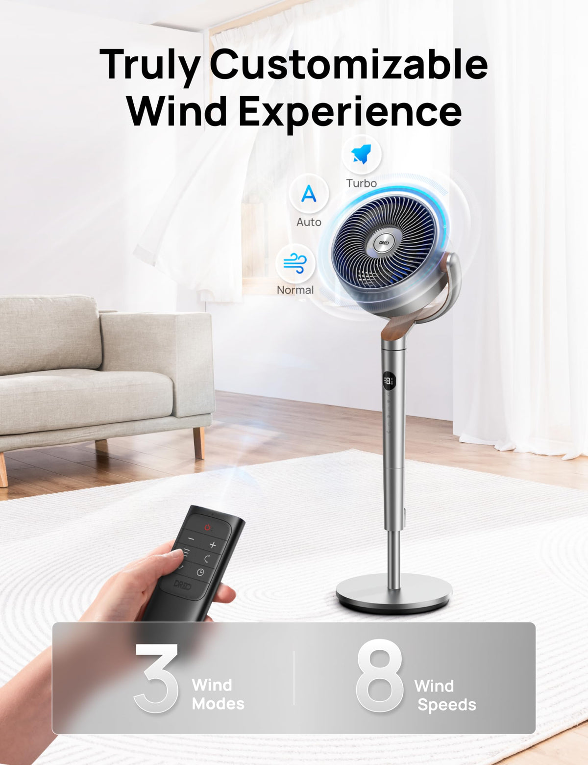 Dreo Standing Fan, 120°+120°Omni-directional Oscillating Fan For Bedroom, 85 ft Circulator With Remote, DC Motor Quiet Pedestal Fans, Adjustable Height, 8 Speeds, 3 Modes, 8H Timer, Home, PolyFan 502