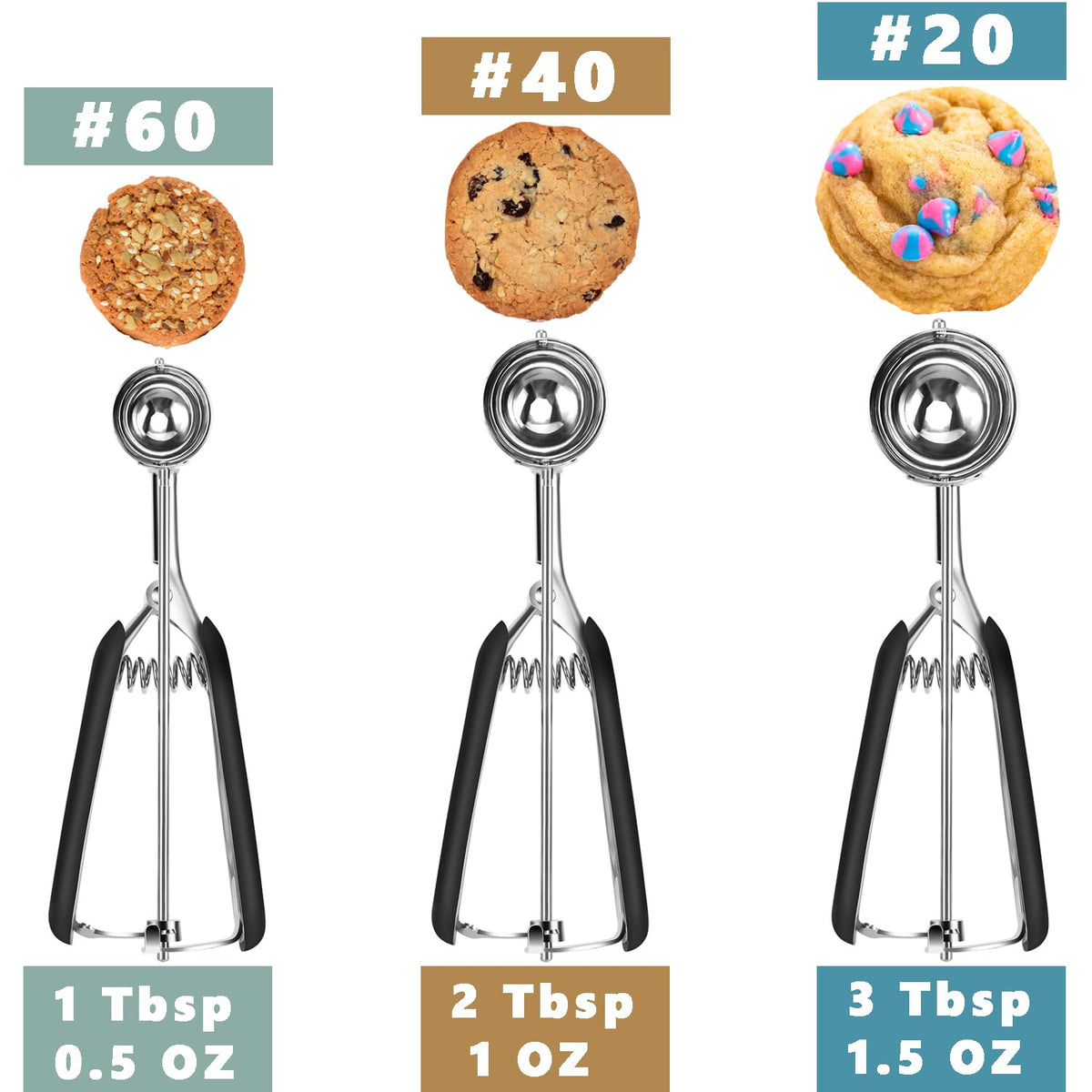 HOMURE H Cookie Scoop Set, Include 1 Tbsp/2 Tbsp/3 Tbsp, Cookie Scoops for Baking Set of 3, Cookie Dough Scoop, 18/8 Stainless Steel, Good Grip, Non-Slip, for Cookie Cupcake Muffin Ice Cream waffle