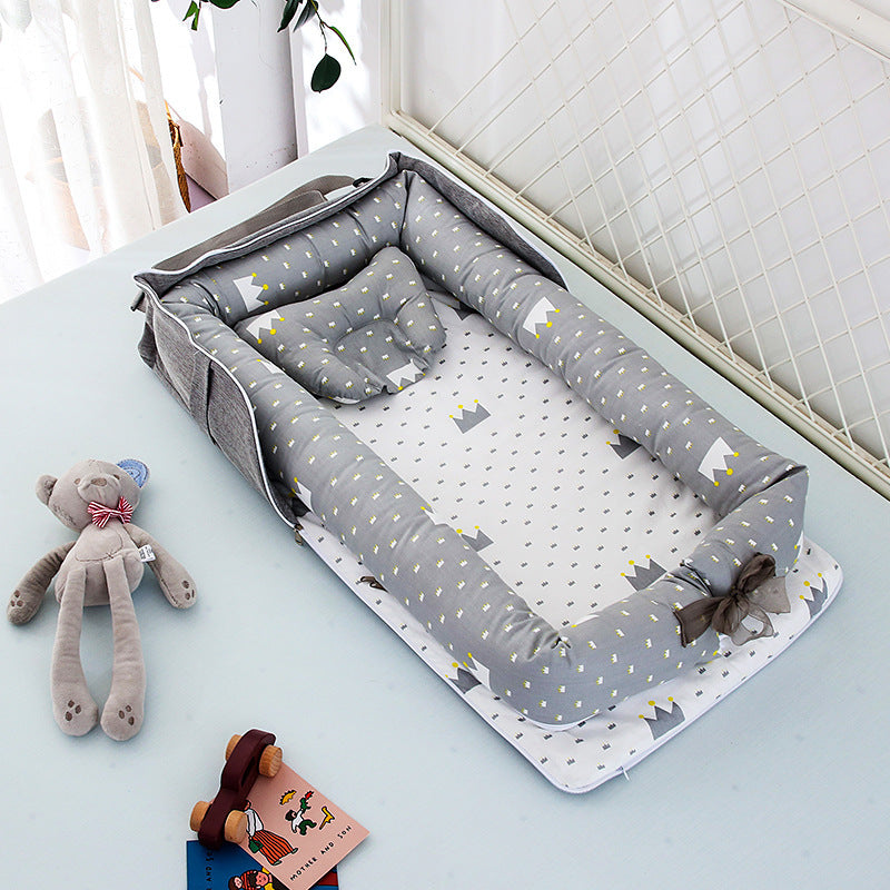 Cotton Portable Foldable Baby Bed Grey Crown