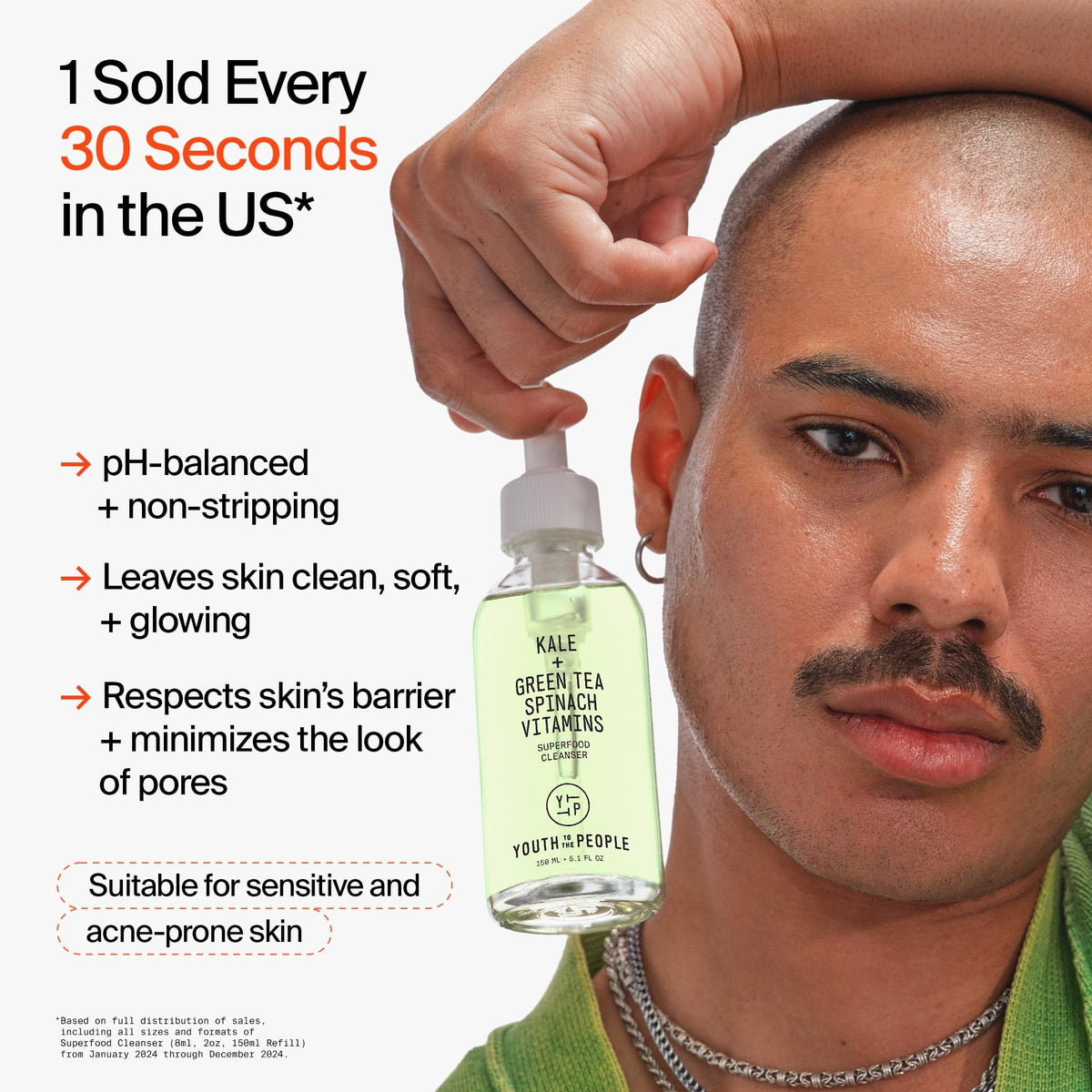 Youth To The People Superfood Facial Cleanser - Kale + Green Tea Daily Face Wash, Gentle Makeup Remover, Antioxidants for Glowing Skin & Less Visible Pores, Award-winning, Refillable - 8 Fl Oz