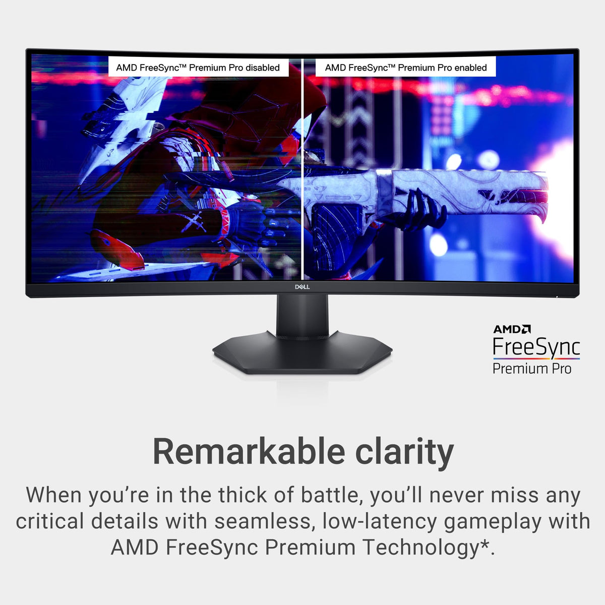 Dell S3422DWG Curved Gaming Monitor - 34 Inch 1800R Curved Screen with 144Hz Refresh Rate, WQHD (3440 x 1440) Display, HDMI, DP to DP 1.4 Cable, AMD FreeSync - Black