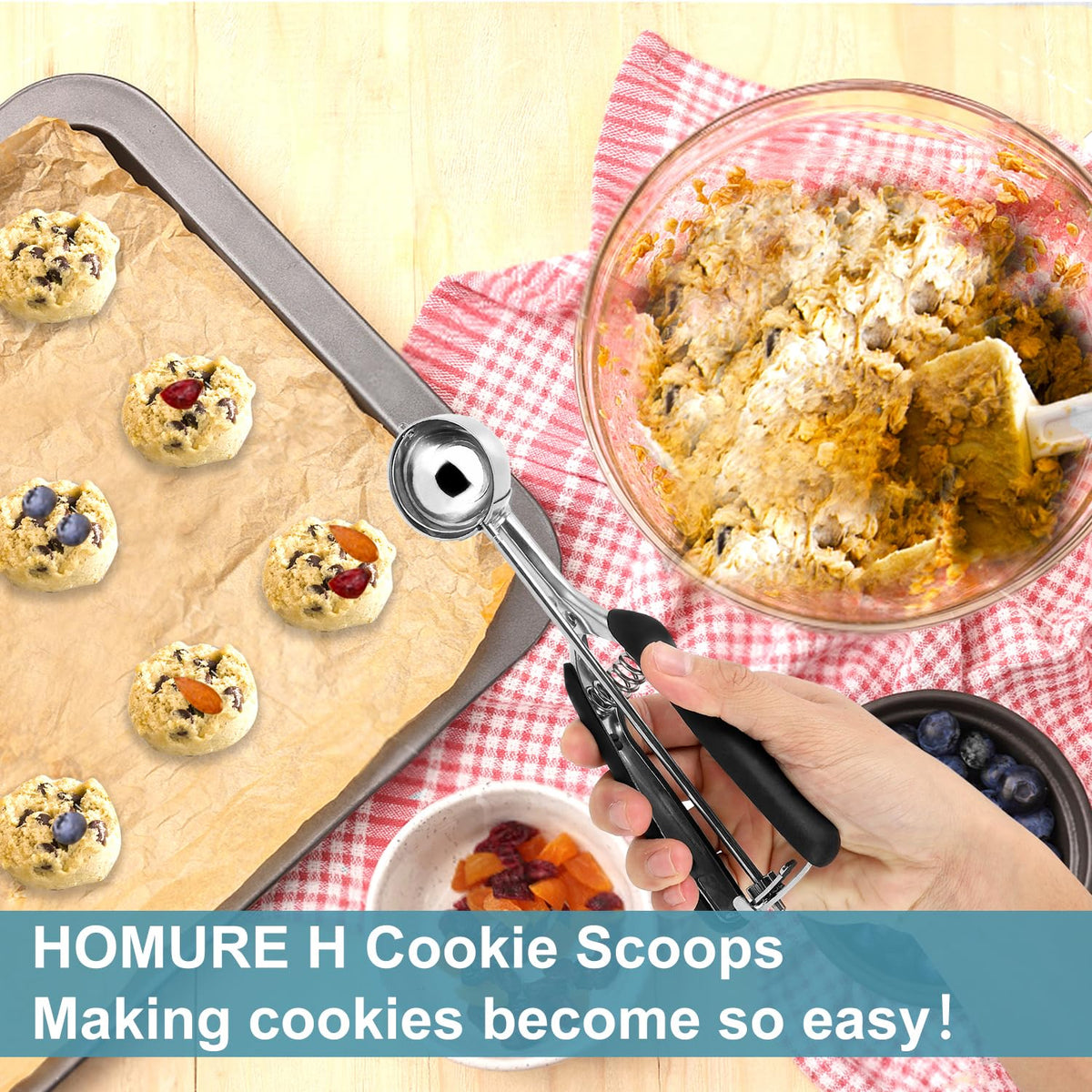HOMURE H Cookie Scoop Set, Include 1 Tbsp/2 Tbsp/3 Tbsp, Cookie Scoops for Baking Set of 3, Cookie Dough Scoop, 18/8 Stainless Steel, Good Grip, Non-Slip, for Cookie Cupcake Muffin Ice Cream waffle
