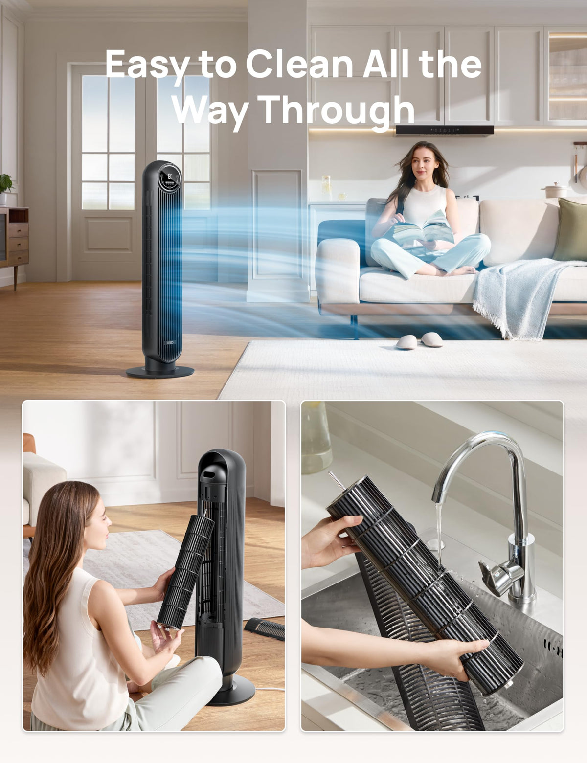 Dreo Tower Fan for Bedroom, 25ft/s Velocity Quiet Floor Fan, 90° Oscillating Fans for Indoors with 4 Speeds, 4 Modes, 8H Timer, Standing Fans, Bladeless Fan, Black, Nomad One (DR-HTF007)