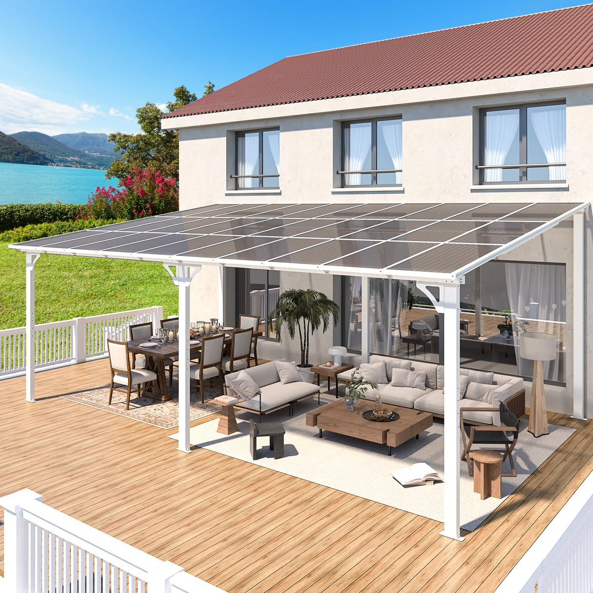 AECOJOY 20' x 12' Gazebo in White, Large Wall Mounted Gazebos on Clearance, Outdoor Patio Lean to Gazebo Metal Awnings for Decks,Patio, Porch, Backyard and More