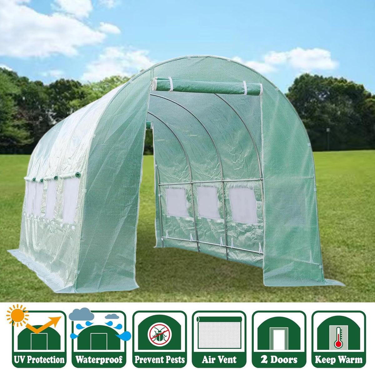 TGEHAP Greenhouse Replacement Cover for 20 x 10 x 7ft Portable Greenhouse, Large Walk-in Green Hot Garden House Top Tarp 2 Zippered Doors & 6 Roll-up Windows (Frame Does NOT Included) (20' x 10' x 7')